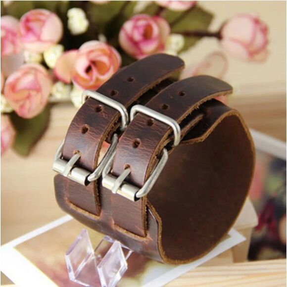 Men's Wide Leather Belt Strap Buckle Adjustable Cuff Bangle Wristband Bracelet - Picture 9 of 9